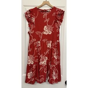 Fat Face Red White Floral Ruffle Sleeve Button Knee Length Dress USA 14